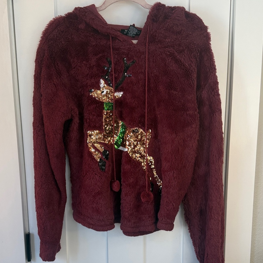 Miss Chievous Burgundy Sequin Reindeer Plush Jacket Kids Size L